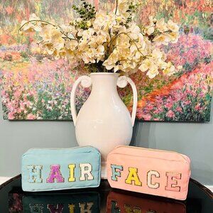 PREPPY "HAIR" "FACE" Cosmetic Toiletry Bag Chenille Letter Patch Nylon Zip